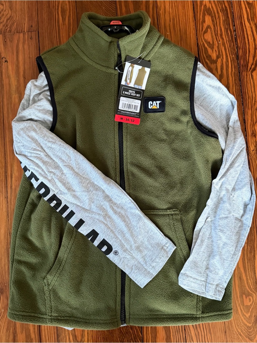CAT Caterpillar Youth 2 Pc Fleece Vest Shirt Set Olive Gray Size M 10/12 NWT